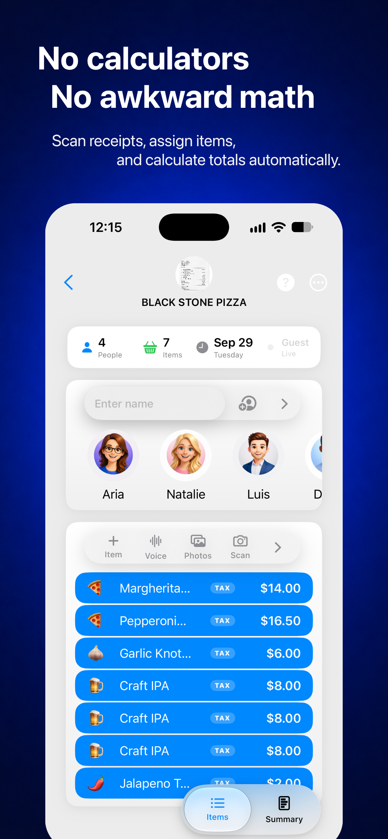 Assigning items to people in ClearSplit — no calculators, no awkward math.