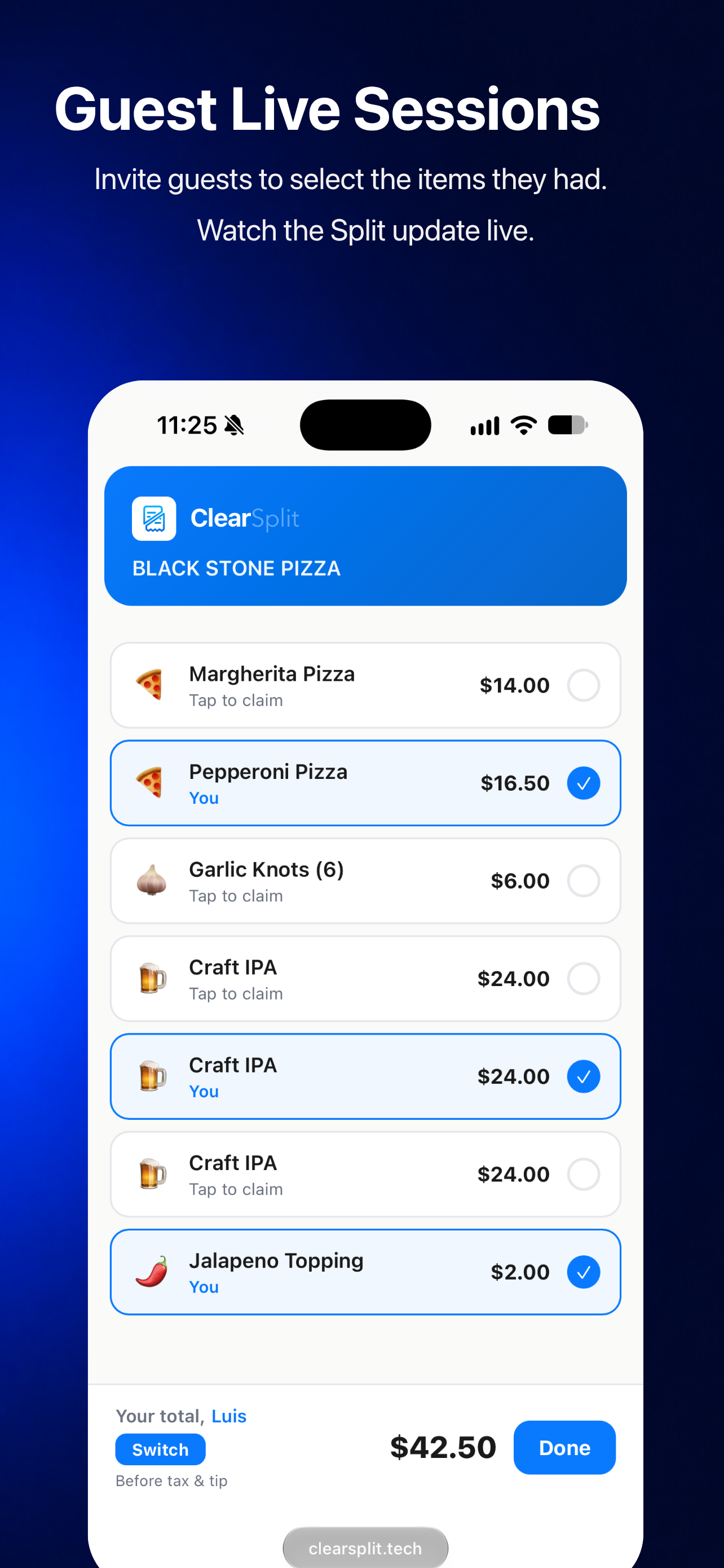 ClearSplit Guest Live Session in a phone browser: guests tap the items they had and see their running total.