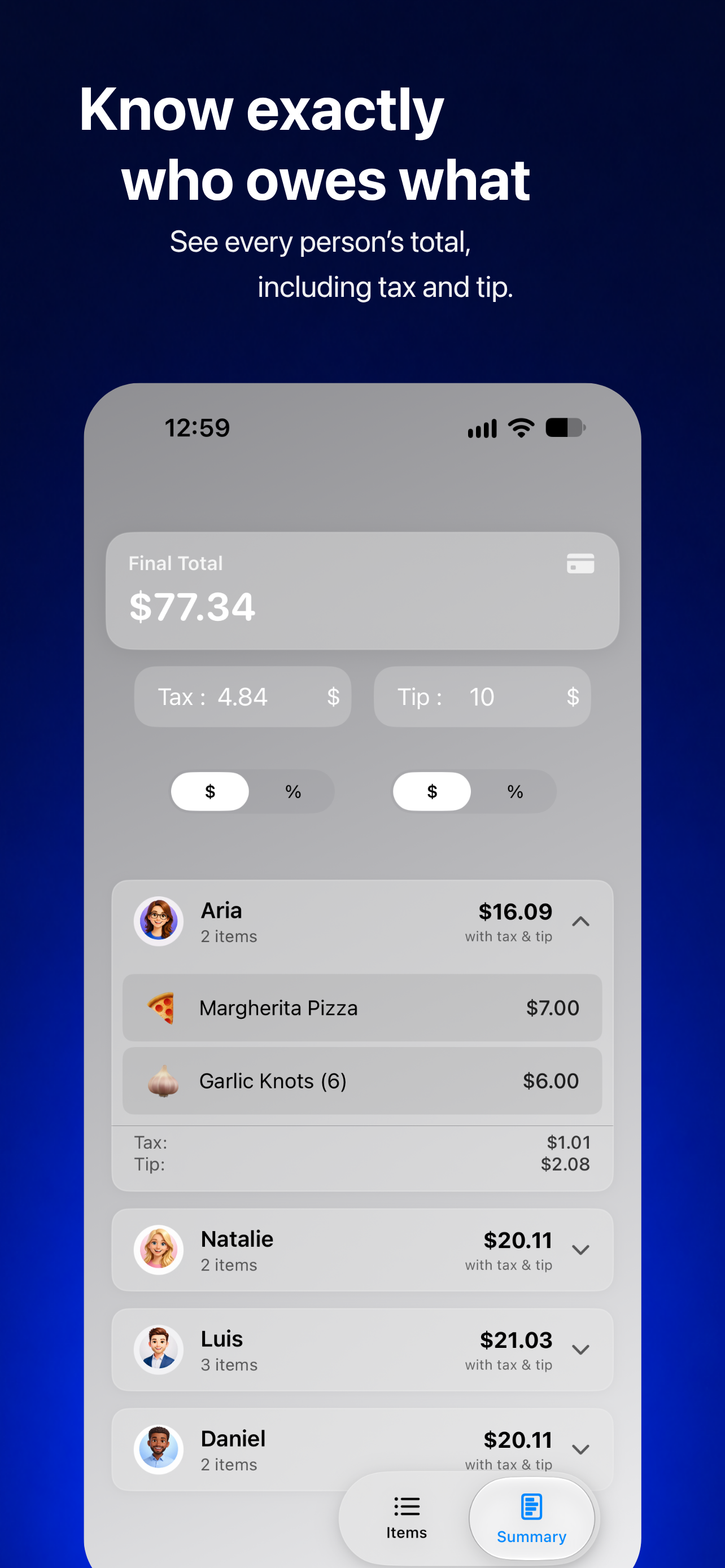 ClearSplit summary tab showing each person's total including tax and tip.