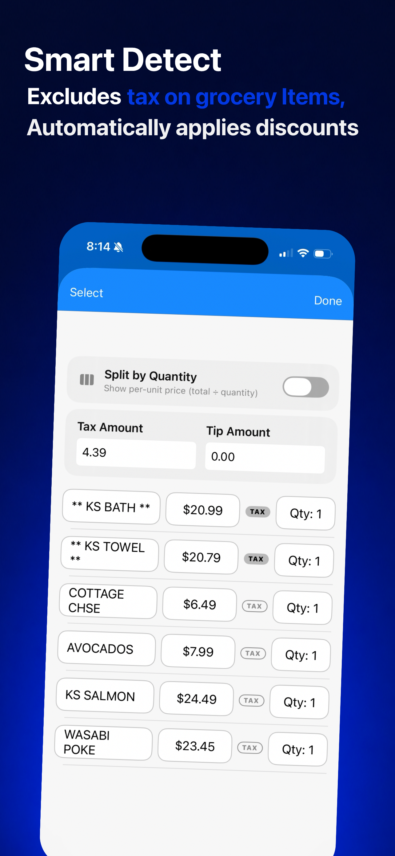 ClearSplit smart detect feature excluding tax on grocery items and applying discounts automatically.