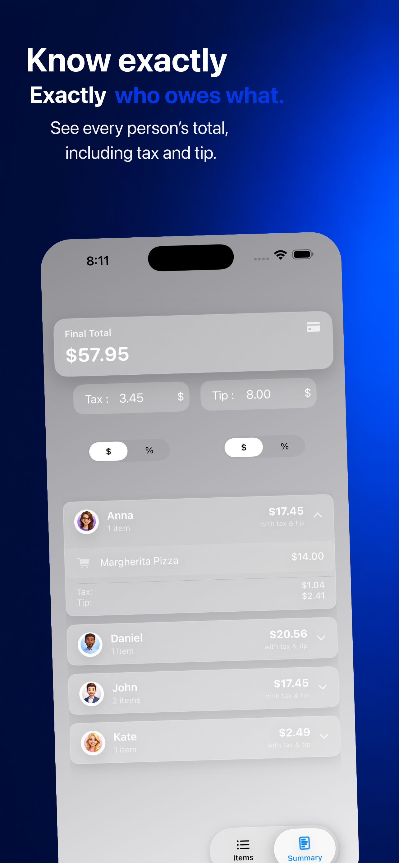 ClearSplit summary tab showing each person's total including tax and tip.